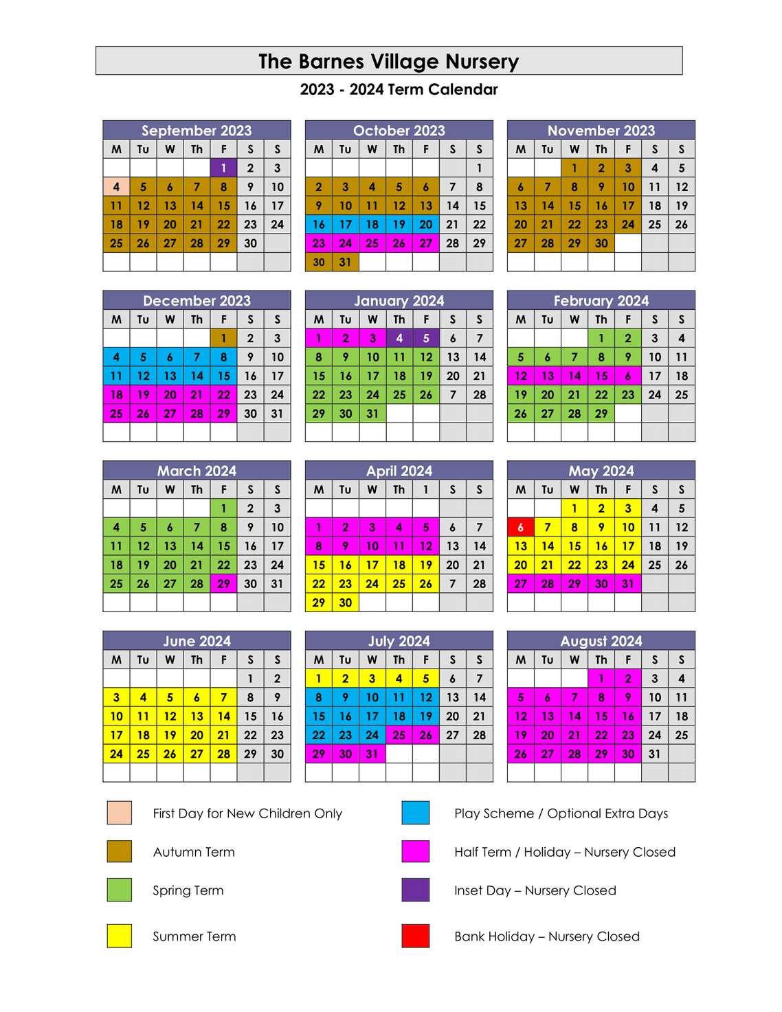 The Barnes Village Nursery 2023-2024 Term Calendar